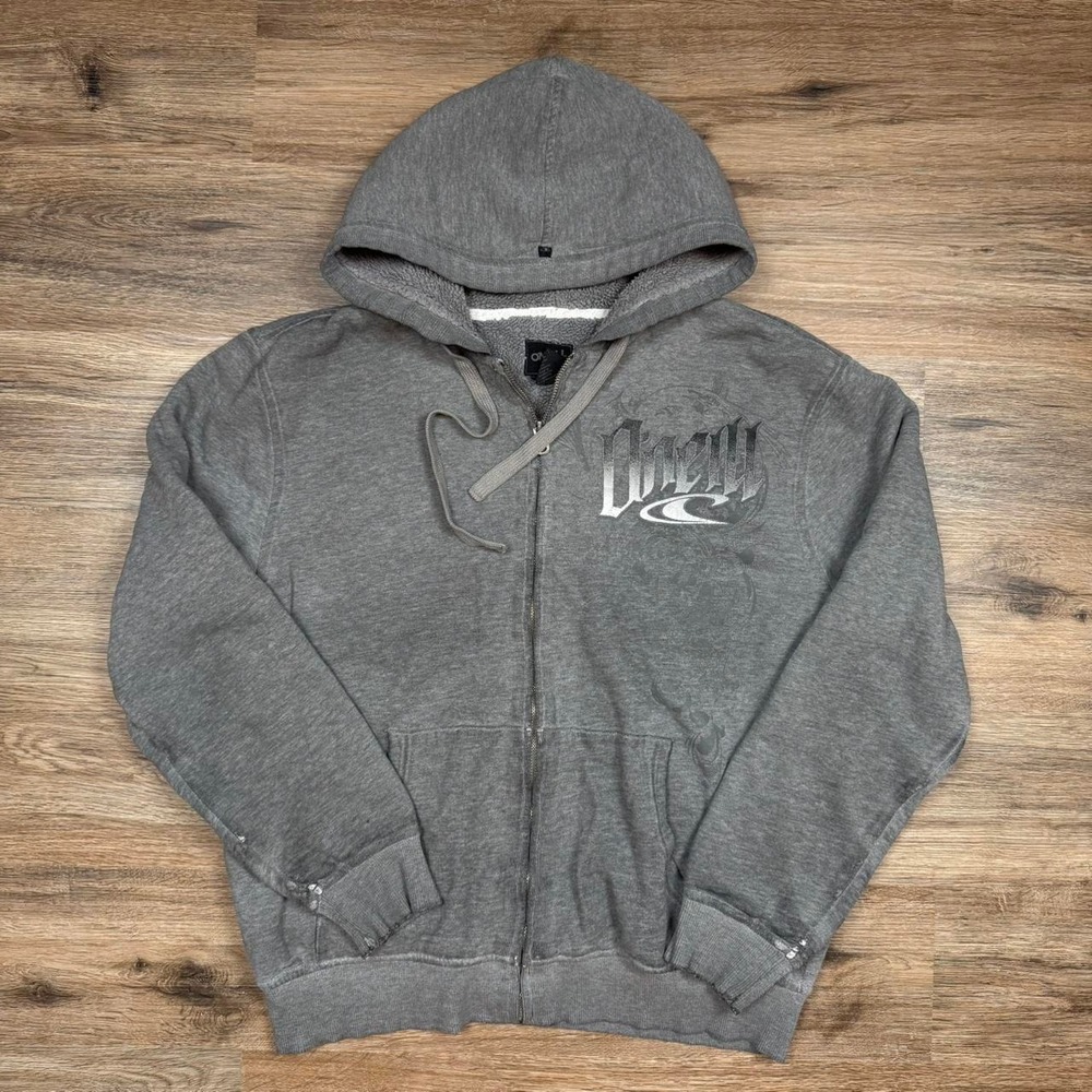 O'Neill Sherpa Lined Distressed Zip Up Hoodie Grey Mens M